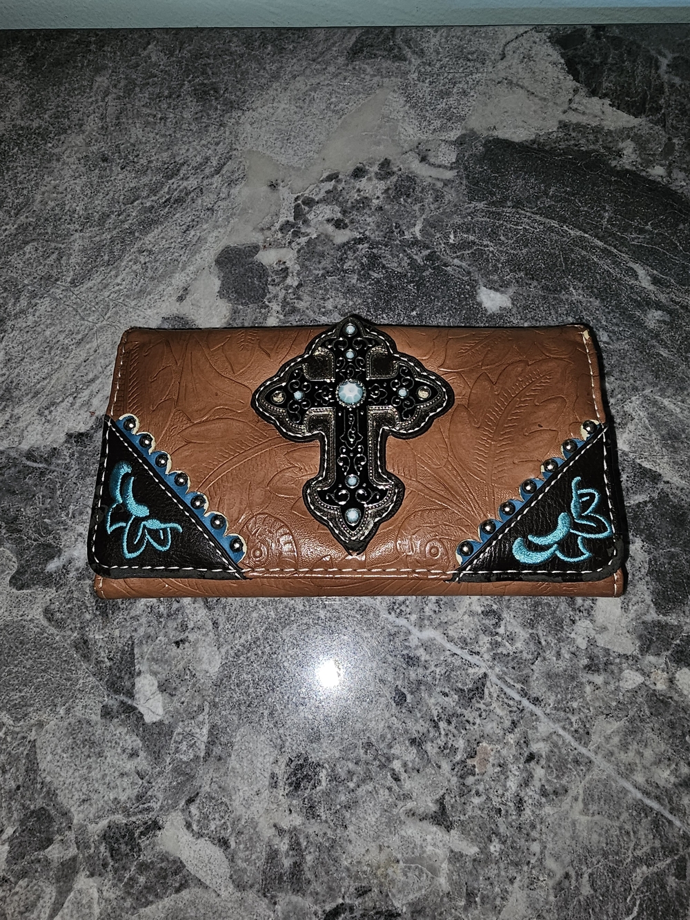Brown Embossed Cross Accent Wallet with Turquoise Detail